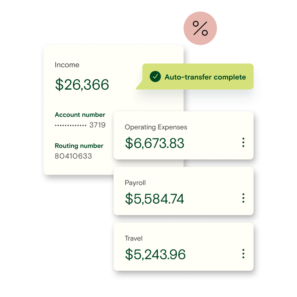 Three auto-transfer transactions to Operating Expenses, Payroll, and Travel checking accounts.